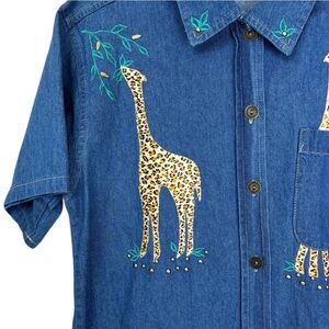 Vintage 90s Denim Giraffe Button Down Embellished Embroidery Size Medium